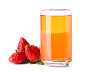 Glass of tasty strawberry kombucha on white background
