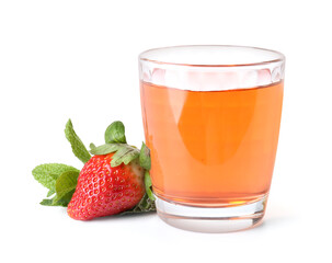Glass of tasty strawberry kombucha on white background