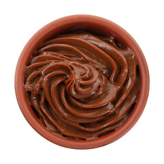 Bowl with tasty boiled condensed milk isolated on white, top view