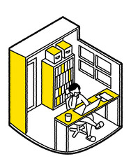 本棚のある部屋でノートパソコンを見て考え込む男性　 黄色ver