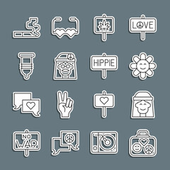 Set line Suitcase for travel, Hippie girl, Flower, Marijuana, Condom, Cigarette and Peace icon. Vector