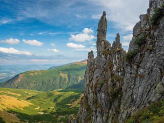 Peaked rocks on the slopes of Mount Shpitsy in the Ukrainian Carpathians.