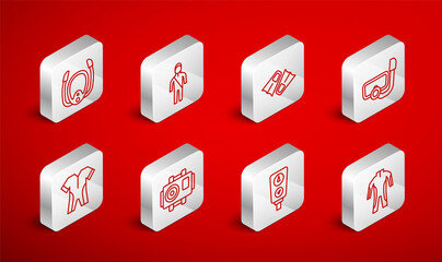 Set line Wetsuit for scuba diving, Flippers swimming, Diving mask with snorkel, Gauge scale, Photo camera diver and icon. Vector