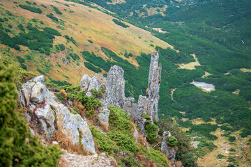 Cool view from high cliffs. Beautiful valley below. Shpytsi, Carpathians, Ukraine