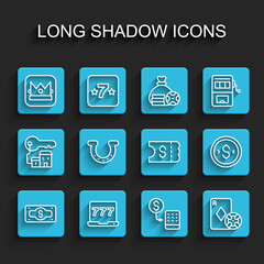 Set line Stacks paper money cash, Laptop and slot machine, King playing card, Casino chips exchange, cards, Horseshoe, Coin with dollar and Lottery ticket icon. Vector