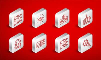 Set line Processor CPU, Artificial intelligence AI, robot, Neural network, Binary code and Robot setting icon. Vector