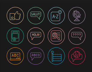 Set line Learning foreign languages, Speech bubbles with Question, Online translator, Hola different, Exam sheet A plus grade, Hand like, Translator and Salut icon. Vector © vector_v