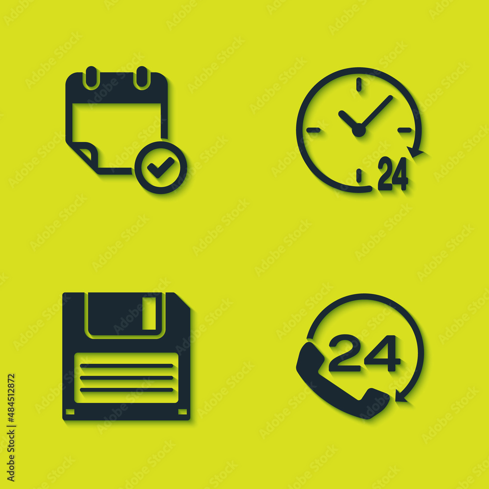 Poster set calendar with check mark, telephone 24 hours support, floppy disk and clock icon. vector
