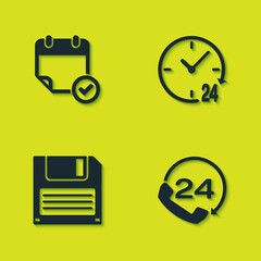 Set Calendar with check mark, Telephone 24 hours support, Floppy disk and Clock icon. Vector