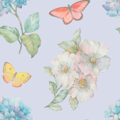 Delicate watercolor flowers and butterflies collected in a seamless pattern for design. Digitally processed seamless botanical pattern.