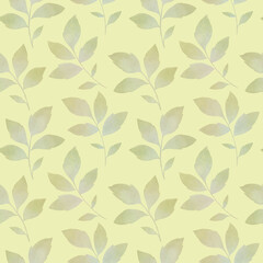 Green leaves on a bright background. Abstract botanical pattern. Seamless ornament of watercolor leaves