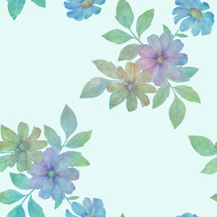Watercolor flower prints with leaves repeating seamless pattern. Digital hand-drawn picture of flowers with a watercolor texture. endless motif for textile decor, wallpaper, packaging and design