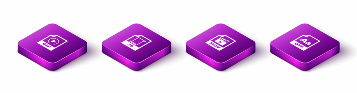 Set Isometric GIF file document, JS, MOV and OTF icon. Vector