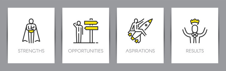 Strengths, opportunities, aspirations, results. SOAR analysis. Business concept. Metaphors with icons.