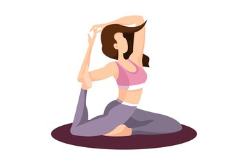 Vector illustration with woman doing physical activity. Healthy girl in leggings and sports bras on white background. Fitness, yoga and meditation. Healthy lifestyle at home and in the studio