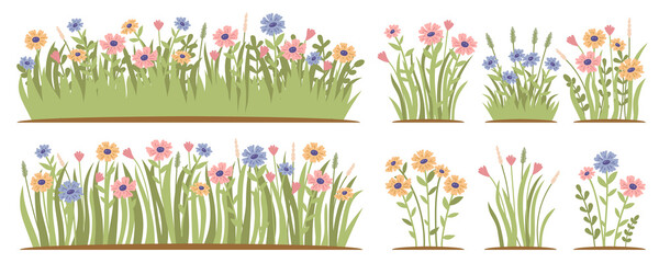 Spring forest and garden flowers isolated set. Garden flowerbeds and green grass pack on white background. Pant branches with leaves. Illustration of wildflower spring and summer in the garden