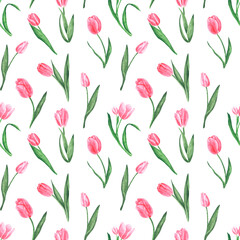 Pink tulips watercolor seamless pattern. Flowers, flora, nature. Pink blooming tulips. Spring garden. Spring background. For printing on textiles, wrapping paper, notepads, cases.