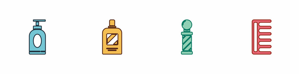 Set Cream or lotion cosmetic tube, Bottle of shampoo, Classic Barber shop pole and Hairbrush icon. Vector