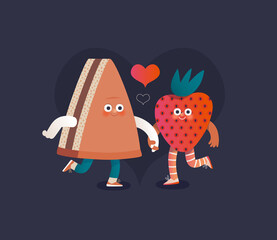 Perfect couple -Valentines day graphics. Modern flat vector concept illustration - a piece of shortcake and a srawberry in love, holding their hands. Cute characters in love, perfect match concept