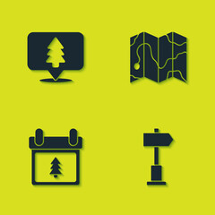 Set Location of the forest, Road traffic signpost, Calendar with tree and map icon. Vector