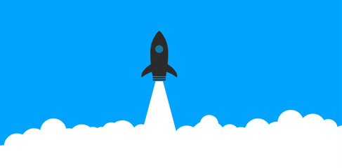 Rocket ship launch on blue background.
growth, creative idea.Business startup concept