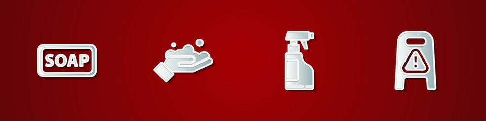 Set Bar of soap, Washing hands with, Spray bottle detergent liquid and Wet floor cleaning progress icon. Vector