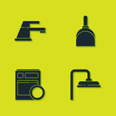 Set Water tap, Shower head, Kitchen dishwasher machine and Dustpan icon. Vector