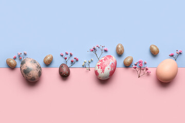 Fototapeta na wymiar Stylish Easter eggs and flowers on color background