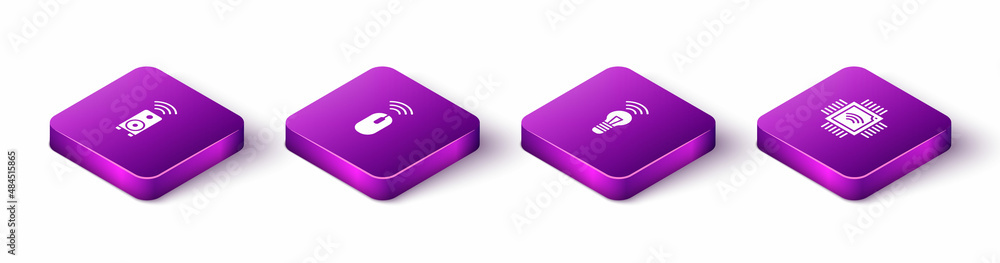 Poster set isometric smart stereo speaker, wireless mouse, light bulb and processor with microcircuits cpu 
