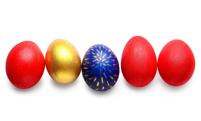 Stylish Easter eggs on white background