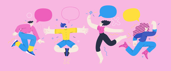 Happiness - happy young man and woman jumping in the air cheerfully. Modern flat vector concept illustration of a happy jumping and dancing person. Feeling and emotion concept.