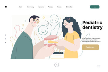 Pediatric dentistry -medical insurance web template -modern flat vector concept digital illustration -a dantist teaching a child patient to brush teeth jaw model, the dental office or laboratory