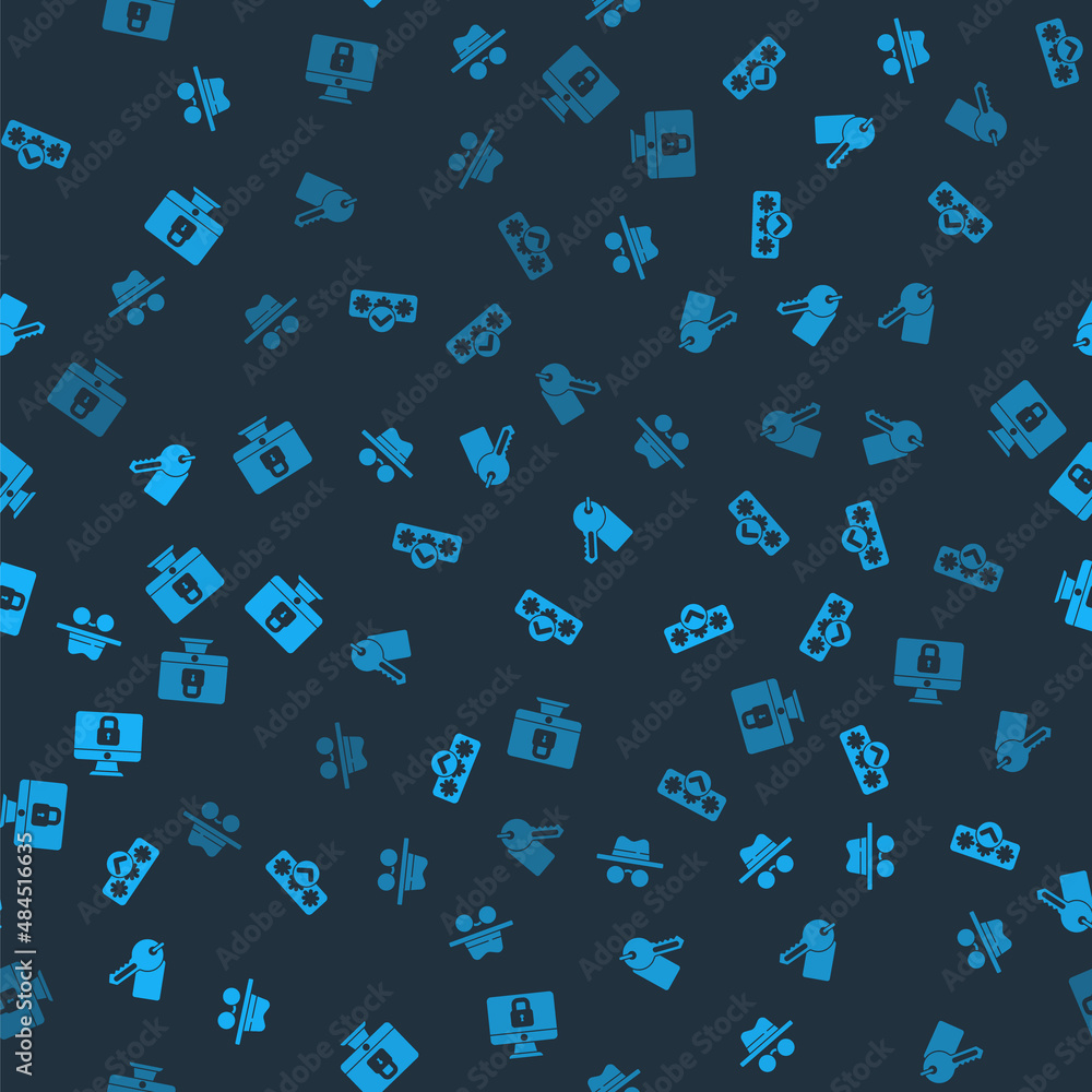 Poster set incognito mode, password protection, marked key and lock computer monitor on seamless pattern. v