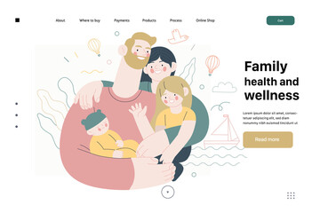 Family health and wellness - medical insurance web template - modern flat vector concept digital illustration of a happy family of parents and children, family medical insurance plan