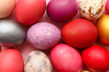 Multicolored Easter eggs as background, closeup