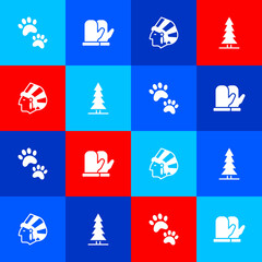 Set Paw print, Christmas mitten, Native American Indian and Canadian spruce icon. Vector