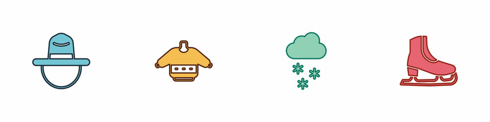 Set Canadian ranger hat, Christmas sweater, Cloud with snow and Skates icon. Vector