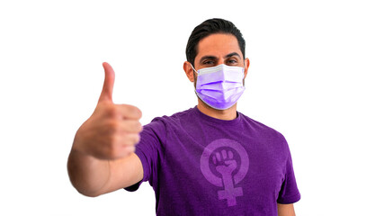 Portrait of feminist caucasian man wearing shirt with woman gender sign and mask