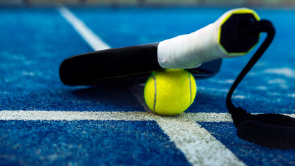 Yellow ball down the racket on floor behind paddle net in blue court outdoors.