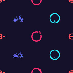 Set Bicycle wheel, , brake disc and pedal on seamless pattern. Vector
