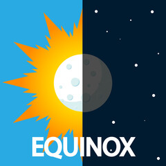 Equinox of spring moon and sun day and night, vector art illustration.