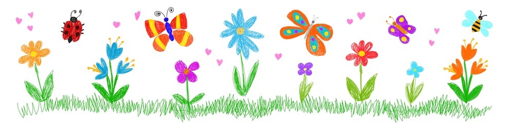 Children's drawing. Flowers, butterflies, ladybug, hearts on a white background