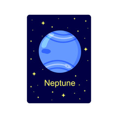 Flashcard for kids with Neptune planet on dark starry background. Educational material for schools and kindergartens for space science learning. Vector cartoon illustration.