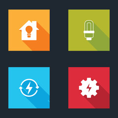 Set Smart house and light bulb, LED, Recharging and Gear lightning icon. Vector