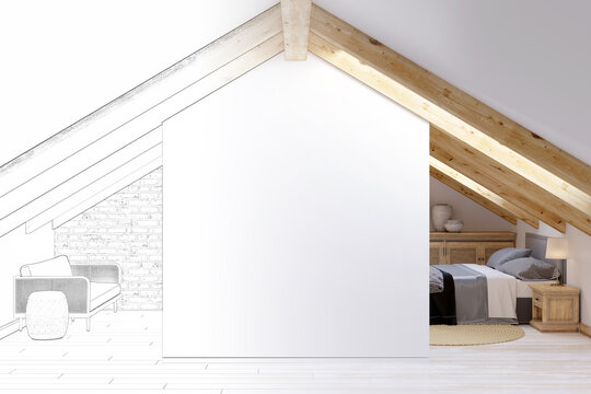 A sketch becomes a real attic with a blank empty white wall. In the background, you can see a lamp on the night table near the bed, old vases on a wooden chest of drawers, sofa with a table. 3d render