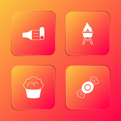 Set Birthday party horn, Barbecue grill, Muffin and Candy icon. Vector