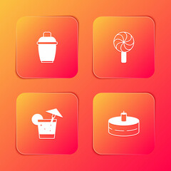 Set Cocktail shaker, Lollipop, and Cake with burning candles icon. Vector