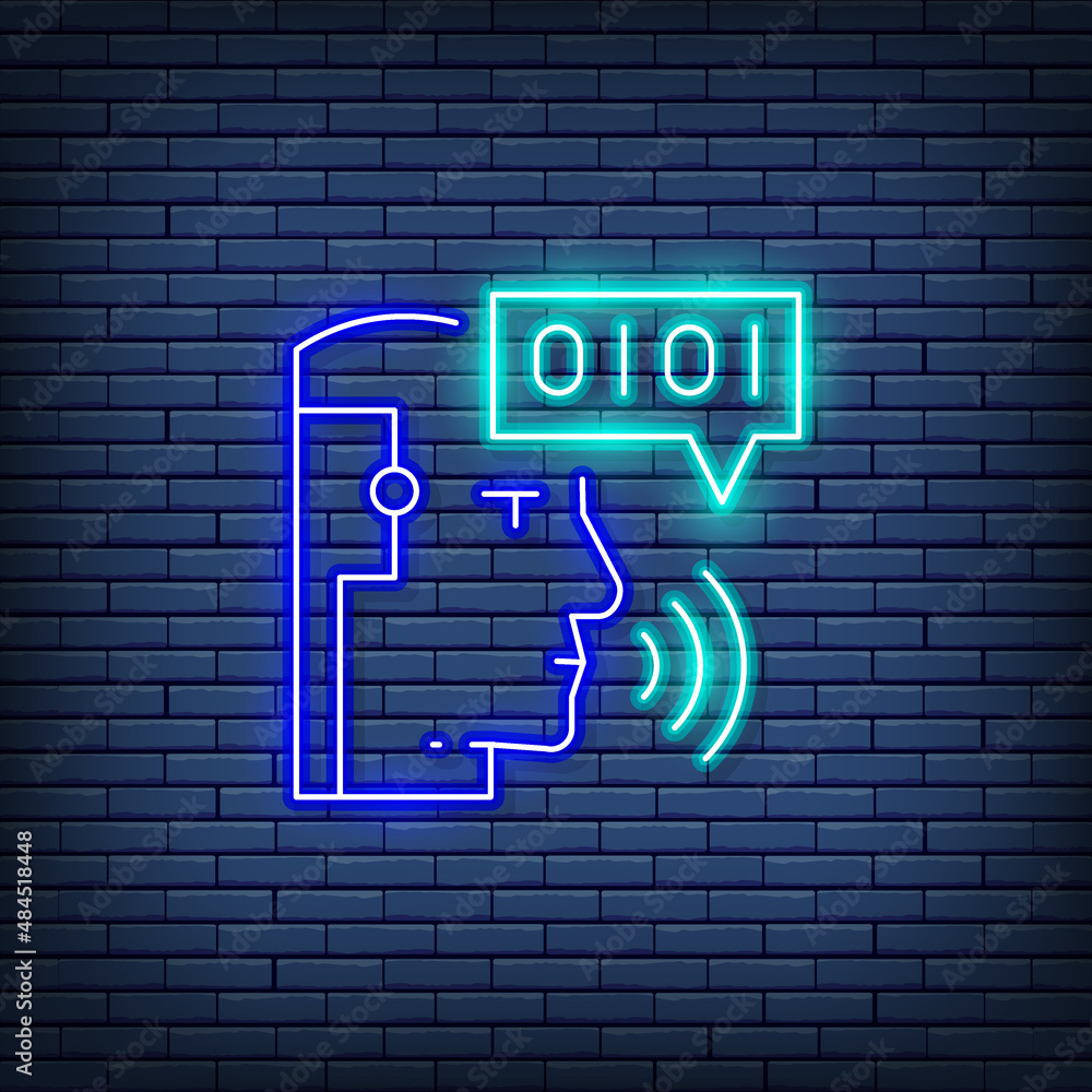 Poster artificial intelligence, robot with sound waves, chatbot, voice recognition neon sign.