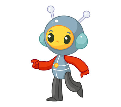 Happy cute alien in a space suit. Vector illustration of an astronaut in a cartoon childish style. Isolated funny clipart on white background. Space themed print.