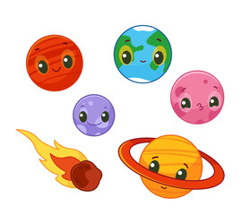 Set of different planets with cute faces and smiles. Space objects - mars, earth, venus, pluto, meteorite. Vector illustration in cartoon childish style. Isolated funny clipart. cute print.